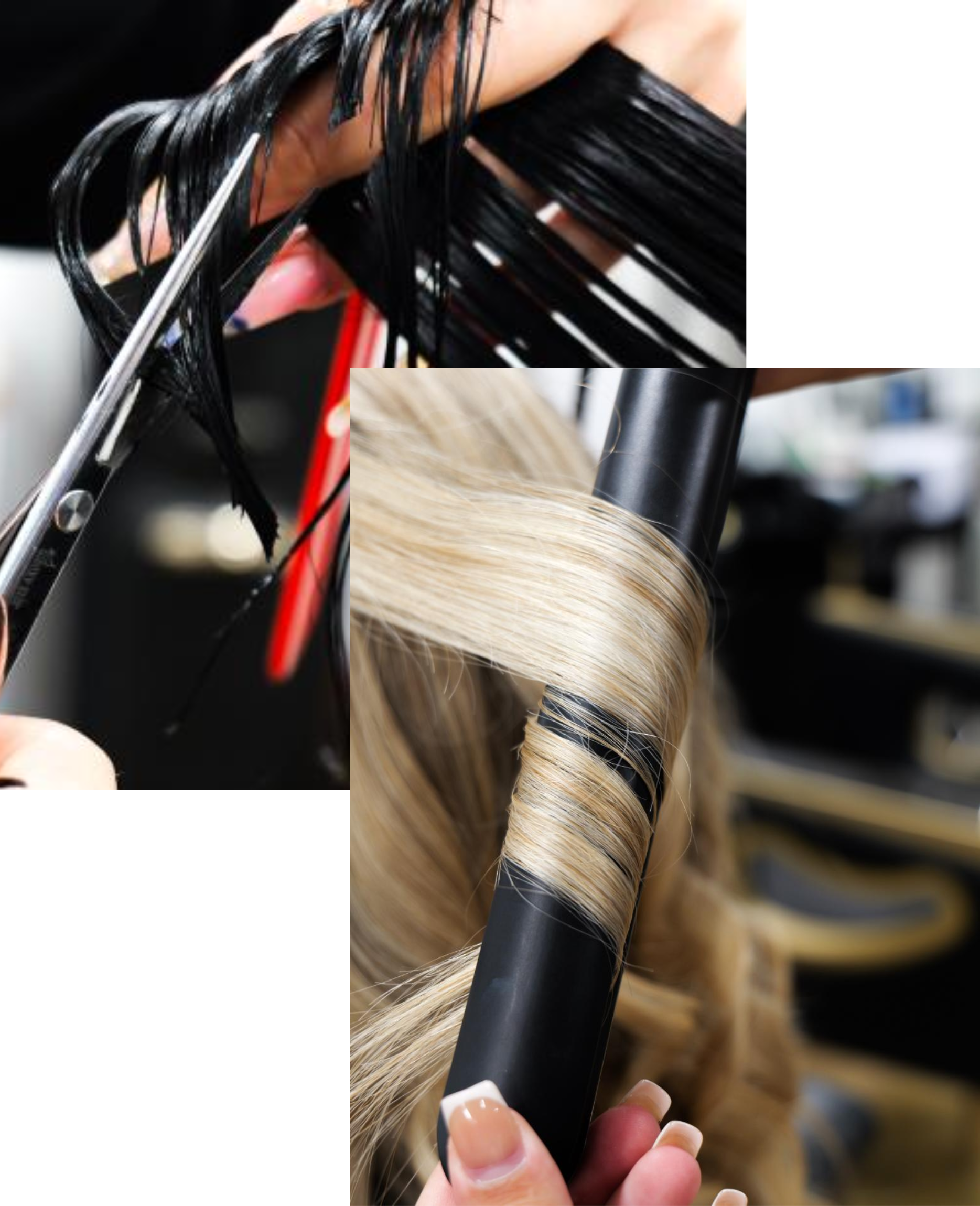 close up collage of black hair being cut and silky blonde hair being wrapped around hair straightener in The Style Lounge No.1